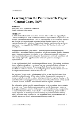 Learning from the Past Research Project – Central Coast, NSW