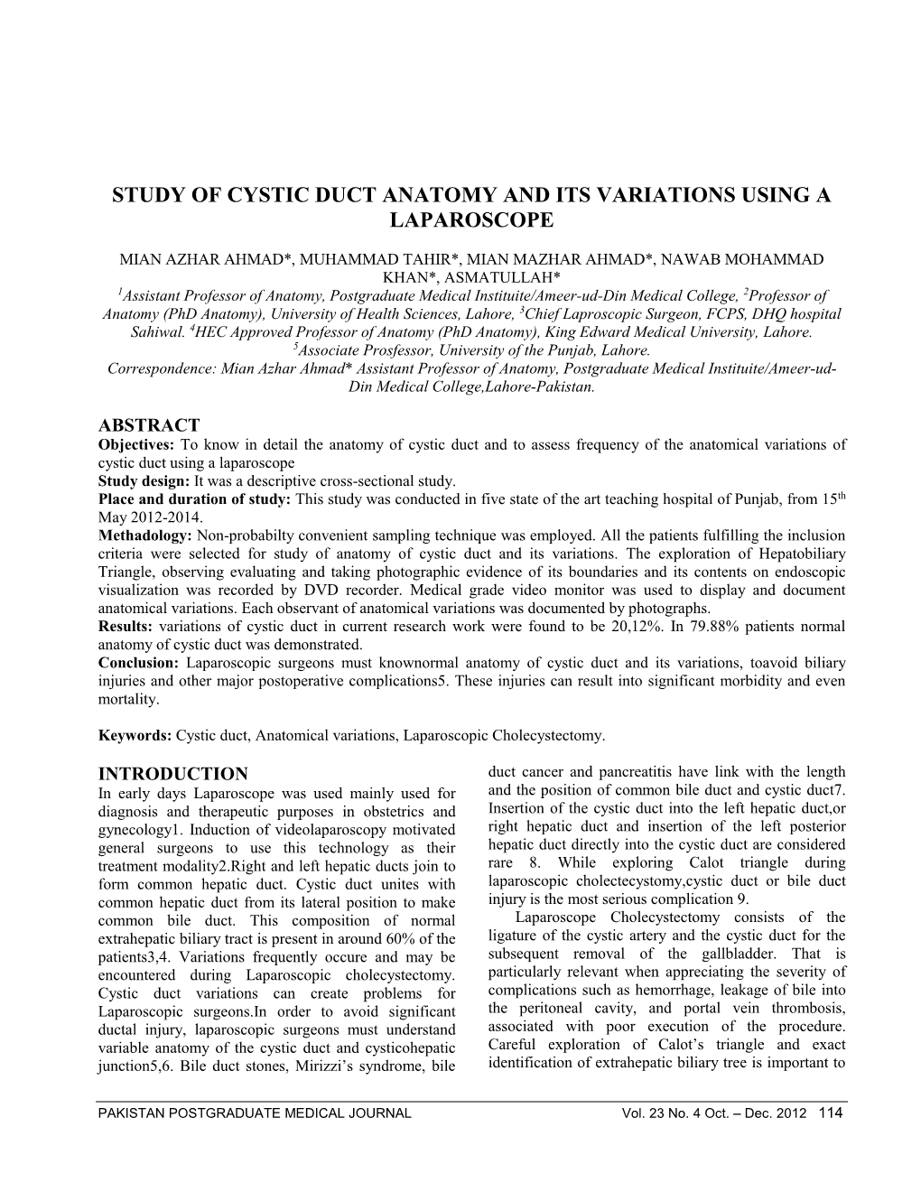Study of Cystic Duct Anatomy and Its Variations Using a Laparoscope