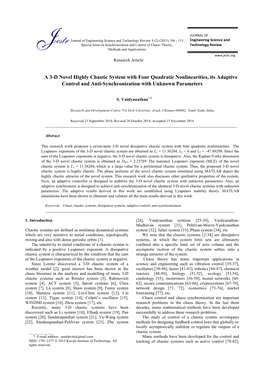 A 3-D Novel Highly Chaotic System with Four Quadratic Nonlinearities, Its Adaptive Control and Anti-Synchronization with Unknown Parameters