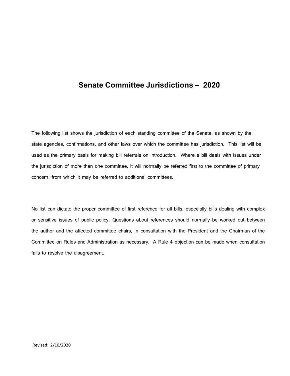 Senate Committee Jurisdictions – 2020