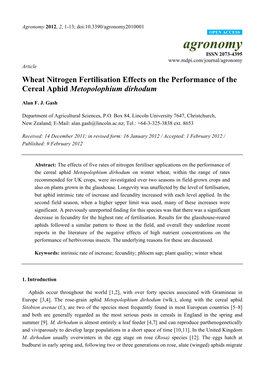Wheat Nitrogen Fertilisation Effects on the Performance of the Cereal Aphid Metopolophium Dirhodum