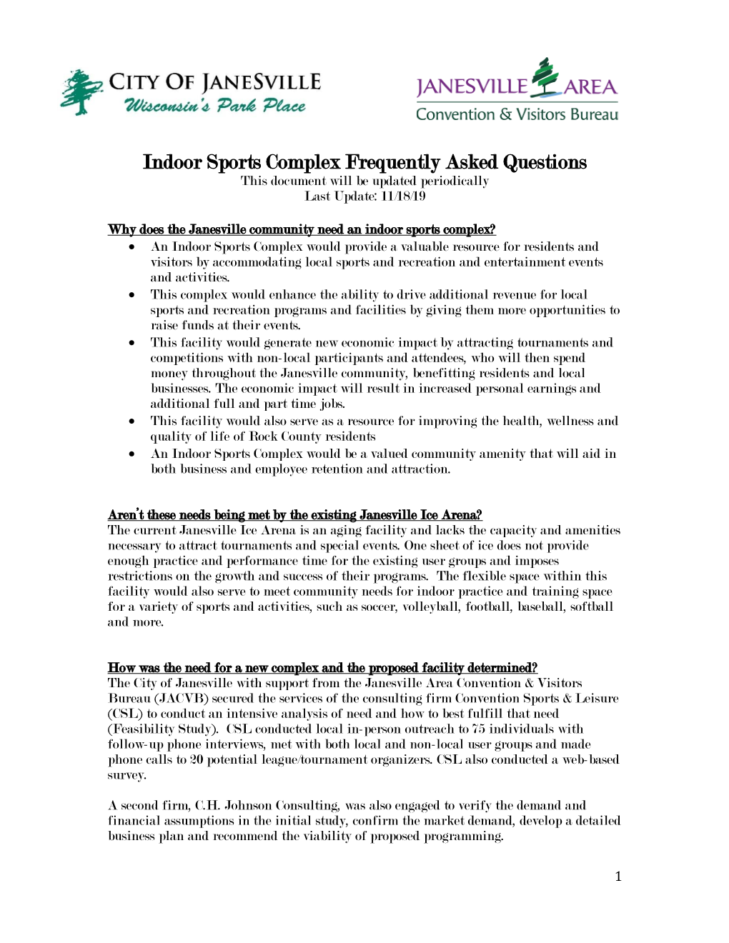 Indoor Sports Complex Frequently Asked Questions This Document Will Be Updated Periodically Last Update: 11/18/19