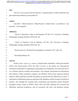 The Eruca Sativa Genome and Transcriptome: a Targeted Analysis of Sulfur Metabolism and 3 Glucosinolate Biosynthesis Pre and Postharvest