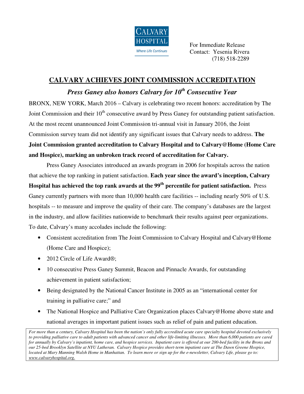 Calvary Achieves Joint Commission
