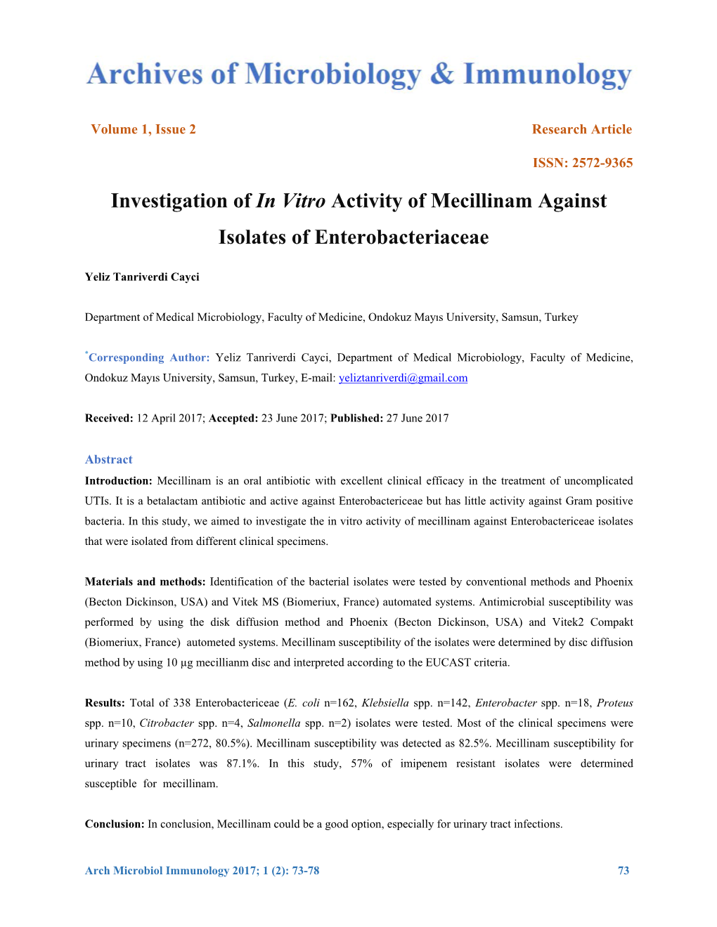 Investigation of in Vitro Activity of Mecillinam Against Isolates of Enterobacteriaceae