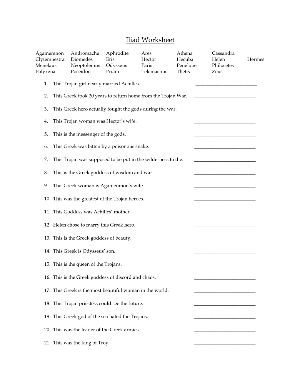 Iliad Worksheet