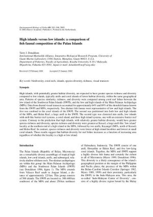 High Islands Versus Low Islands: a Comparison of ﬁsh Faunal Composition of the Palau Islands