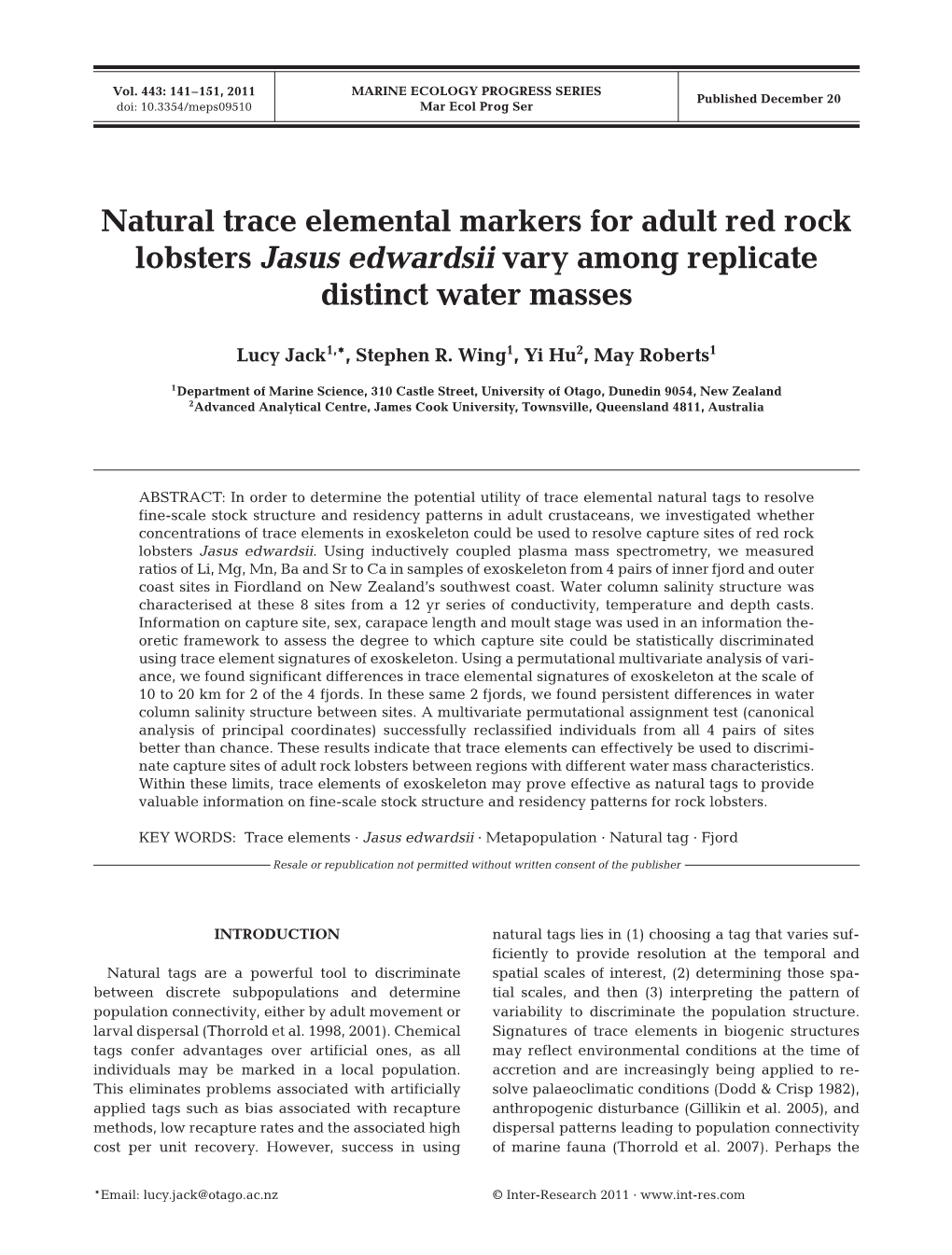 Natural Trace Elemental Markers for Adult Red Rock Lobsters Jasus Edwardsii Vary Among Replicate Distinct Water Masses