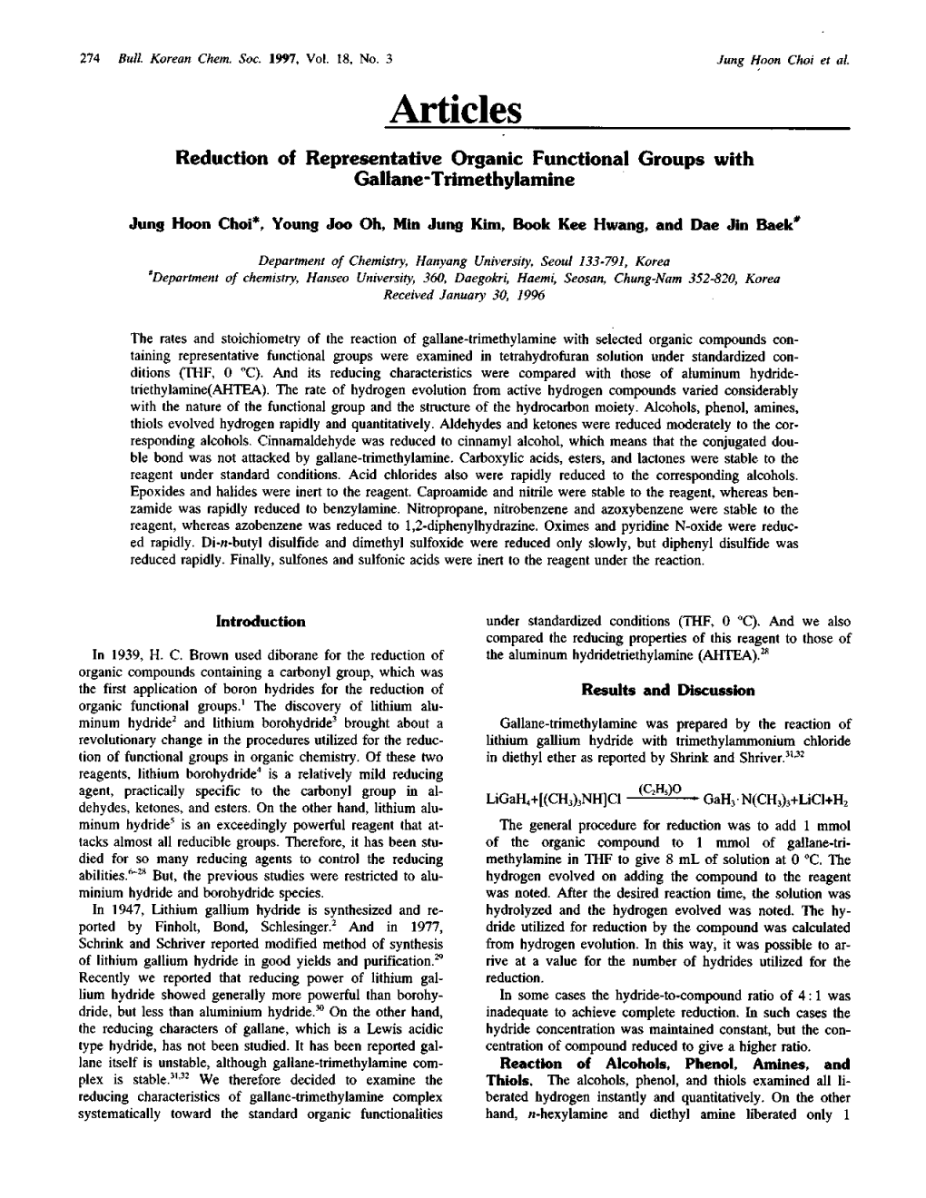 Articles Reduction of Representative Organic Functional Groups with Gallane-Trimethylamine