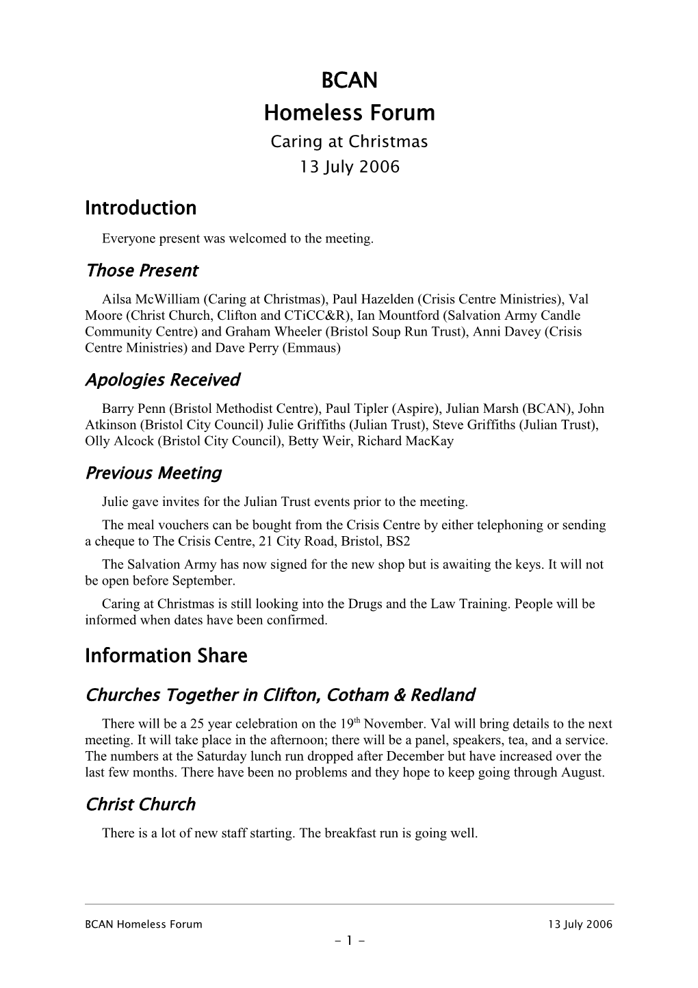 BCAN Homeless Forum Meeting Notes