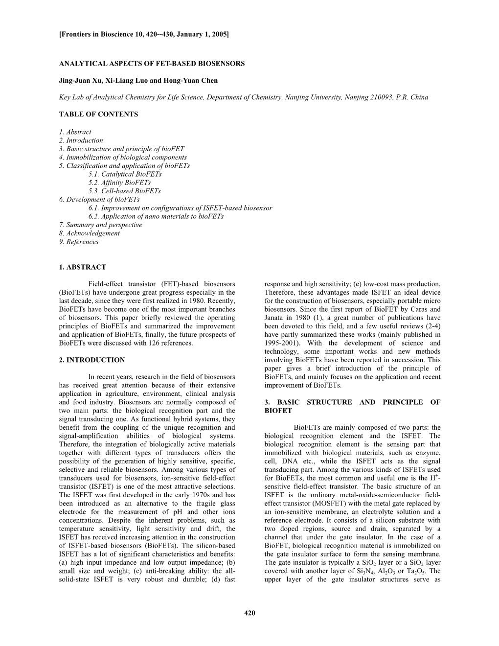 420 ANALYTICAL ASPECTS of FET-BASED BIOSENSORS Jing-Juan Xu, Xi-Liang Lu