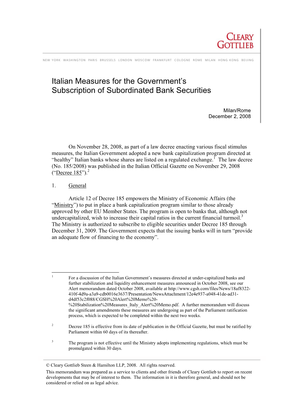Italian Measures for the Government's Subscription of Subordinated Bank