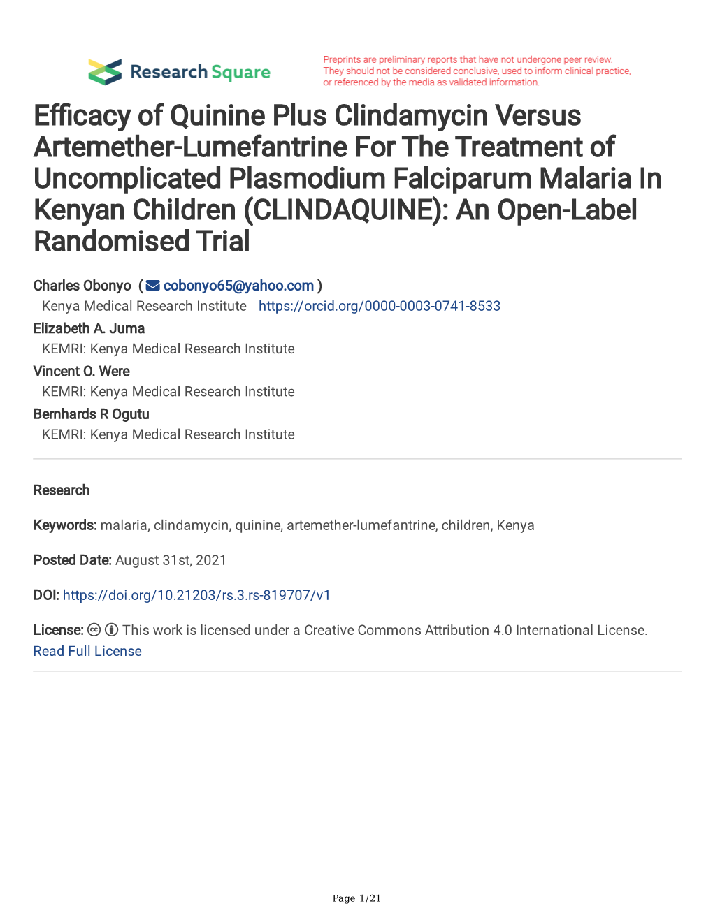 E Cacy of Quinine Plus Clindamycin Versus Artemether-Lumefantrine