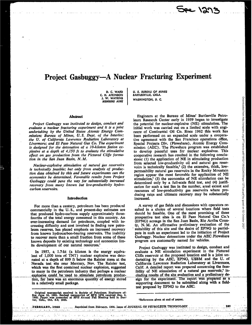 Project Gasbuggy a Nuclear Fracturing Experiment