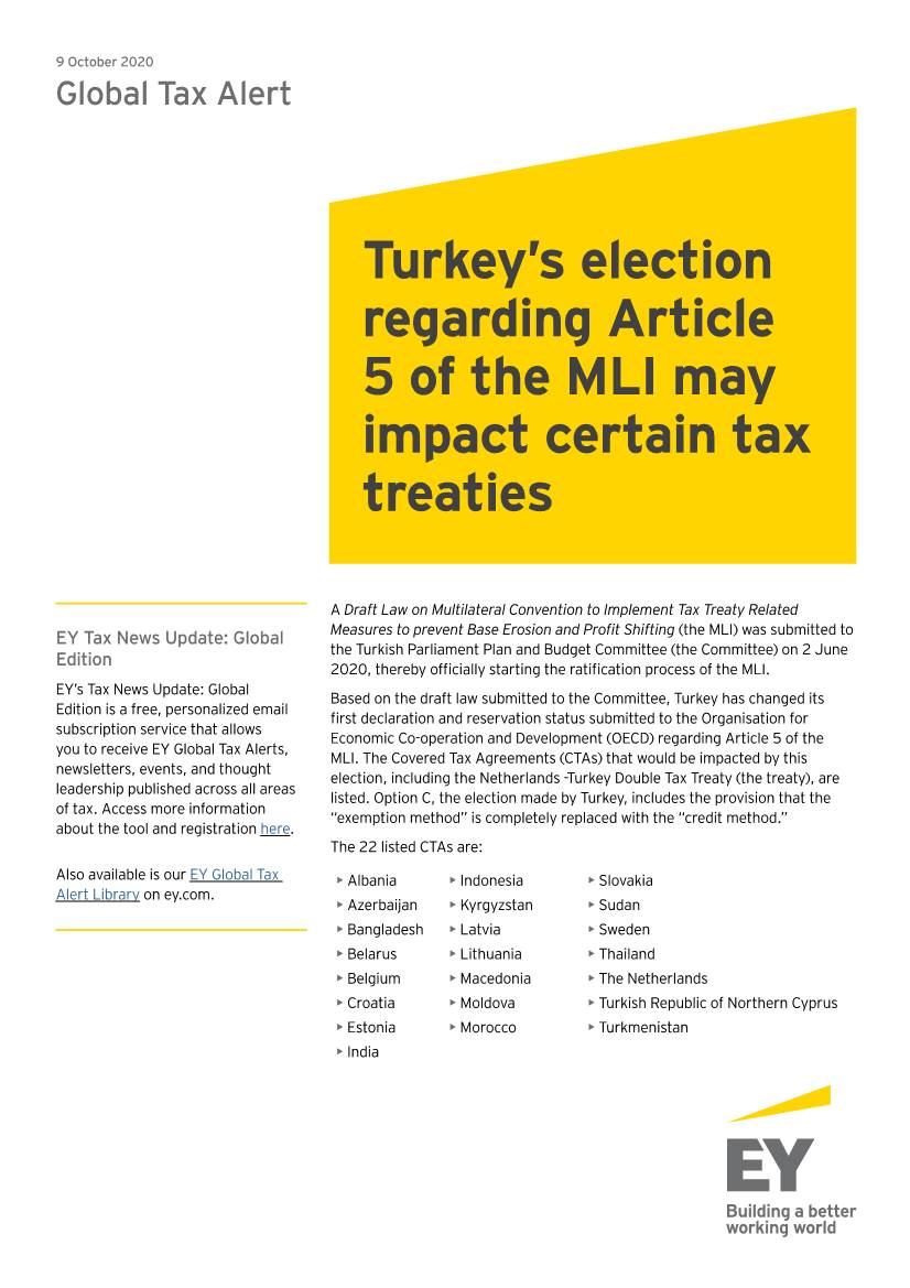 Turkey's Election Regarding Article 5 of the MLI May Impact Certain Tax