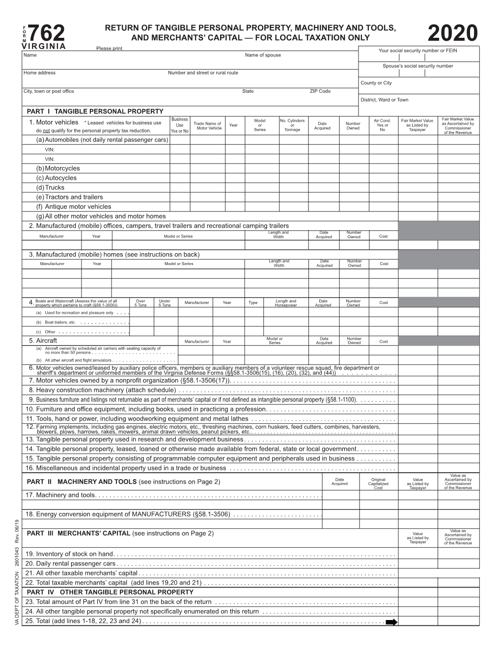 2020 Form 762, Return of Tangible Personal Property