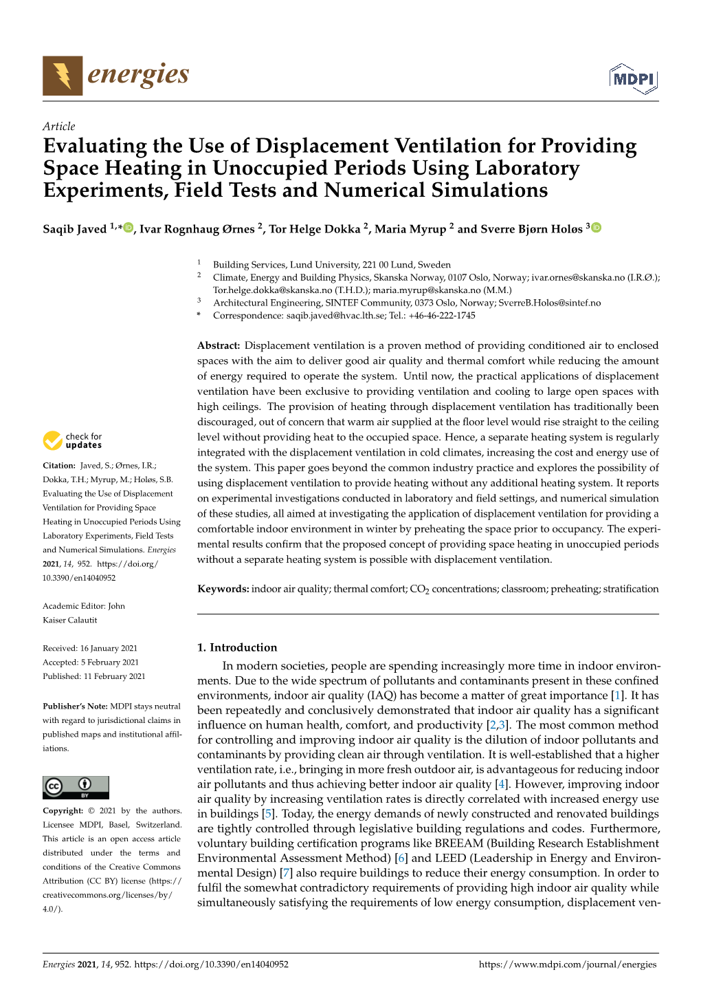 Evaluating the Use of Displacement Ventilation for Providing Space Heating in Unoccupied Periods Using Laboratory Experiments, Field Tests and Numerical Simulations