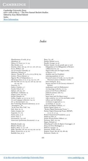 Cambridge University Press 978-1-108-47185-5 — the New Samuel Beckett Studies Edited by Jean-Michel Rabaté Index More Information