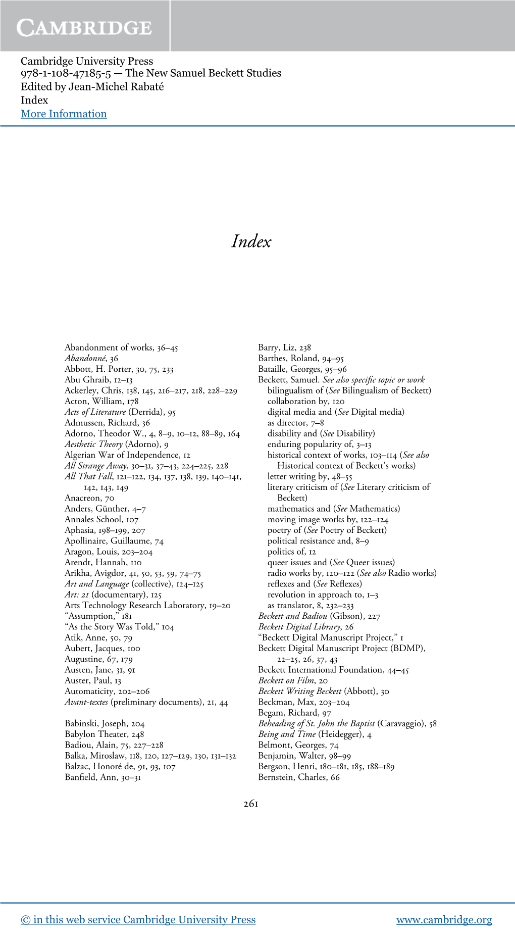 Cambridge University Press 978-1-108-47185-5 — the New Samuel Beckett Studies Edited by Jean-Michel Rabaté Index More Information