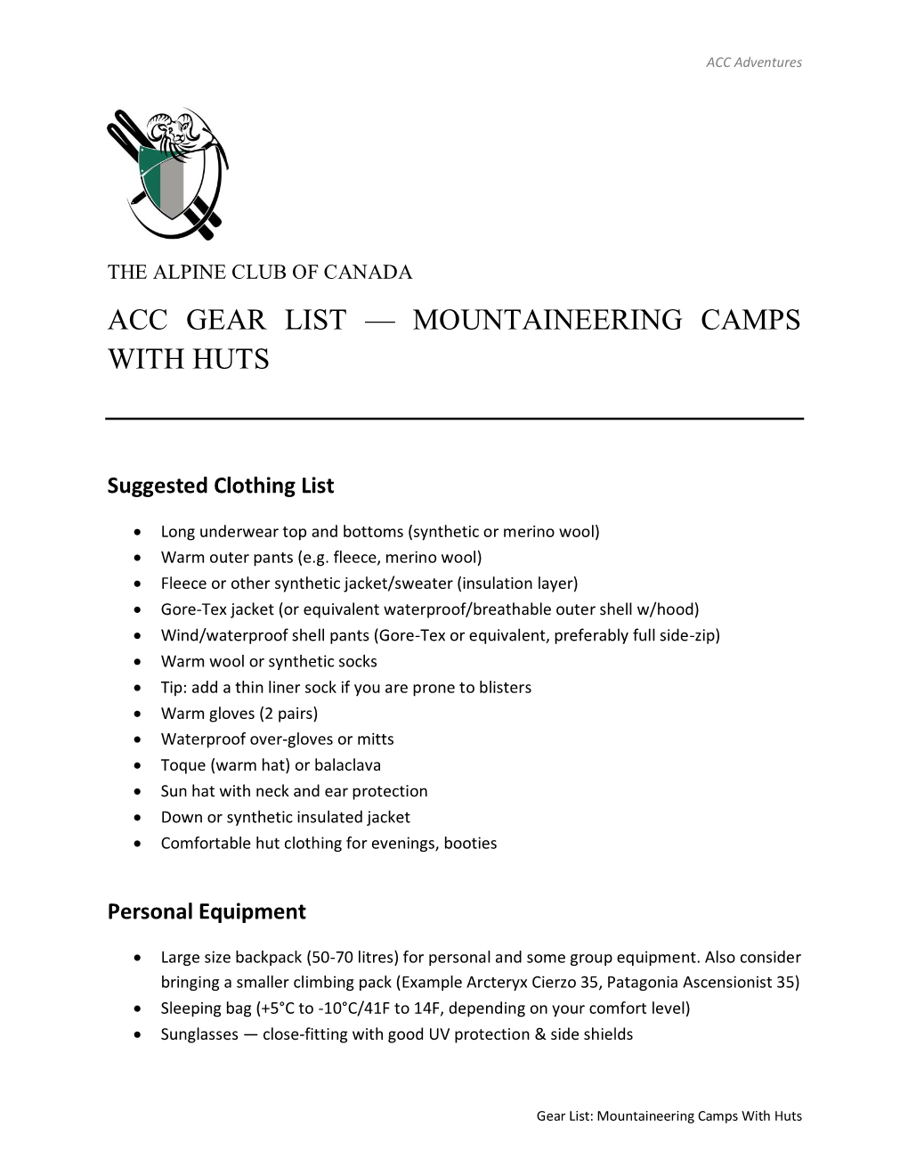 Acc Gear List — Mountaineering Camps with Huts