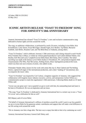 ICONIC ARTISTS RELEASE ‘TOAST to FREEDOM’ SONG for AMNESTY’S 50Th ANNIVERSARY