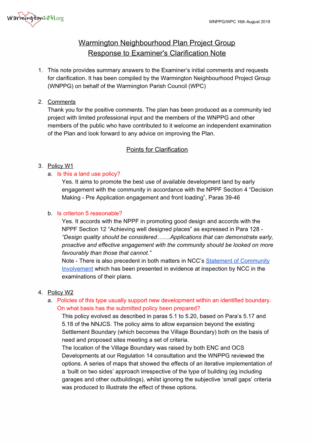 Warmington Neighbourhood Plan Project Group Response to Examiner's Clarification Note