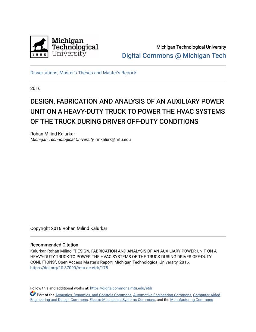 Design, Fabrication and Analysis of an Auxiliary Power Unit on a Heavy-Duty Truck to Power the Hvac Systems of the Truck During Driver Off-Duty Conditions