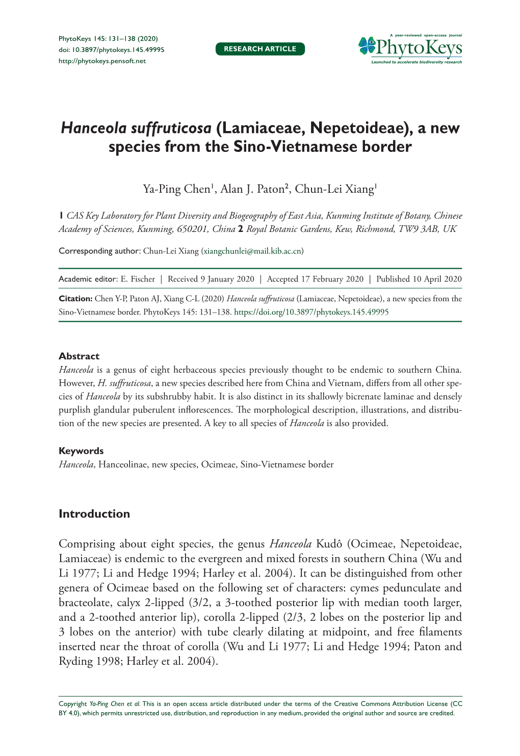 Hanceola Suffruticosa (Lamiaceae, Nepetoideae), a New Species from the Sino-Vietnamese Border