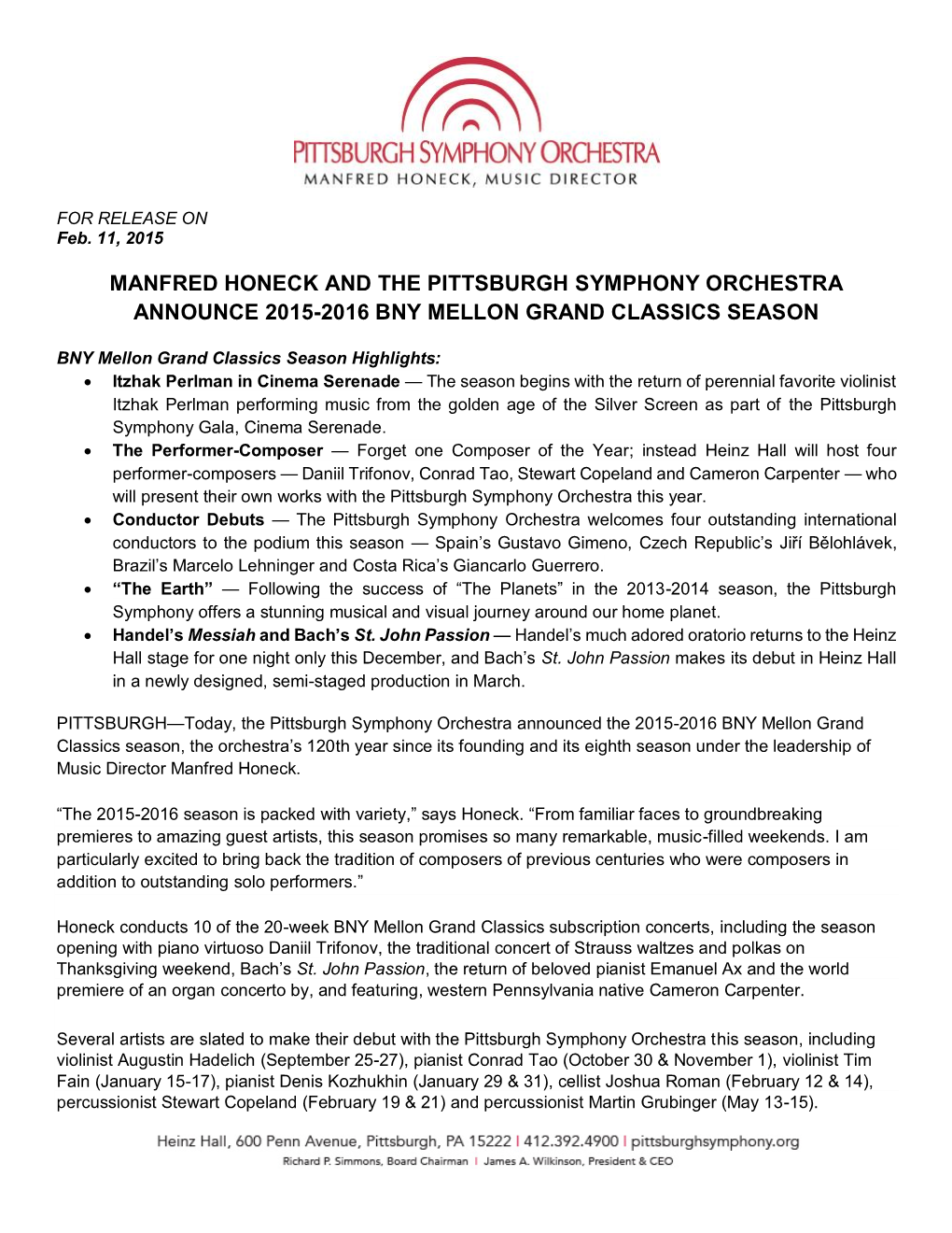 Manfred Honeck and the Pittsburgh Symphony Orchestra Announce 2015-2016 Bny Mellon Grand Classics Season