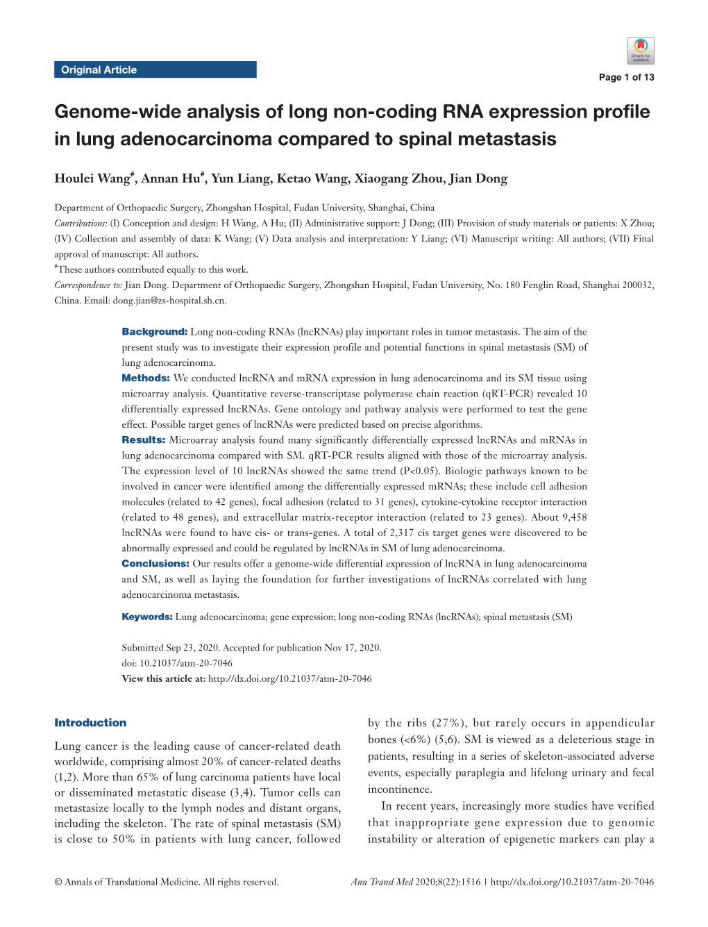 Genome-Wide Analysis of Long Non-Coding RNA Expression Profile in Lung Adenocarcinoma Compared to Spinal Metastasis