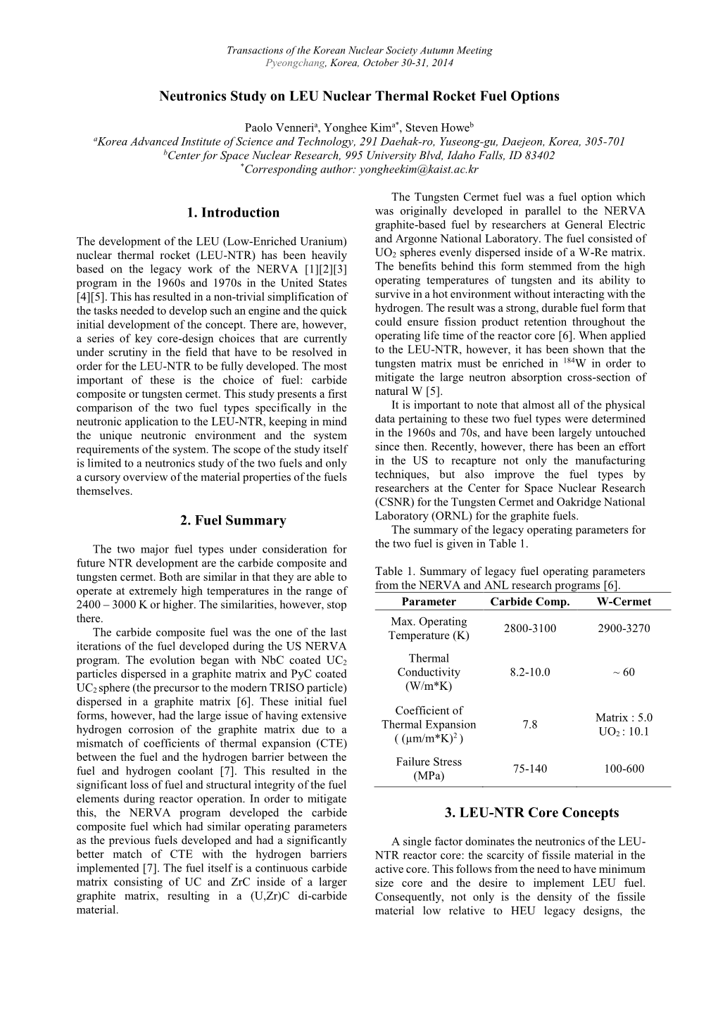 Neutronics Study on LEU Nuclear Thermal Rocket Fuel Options 1