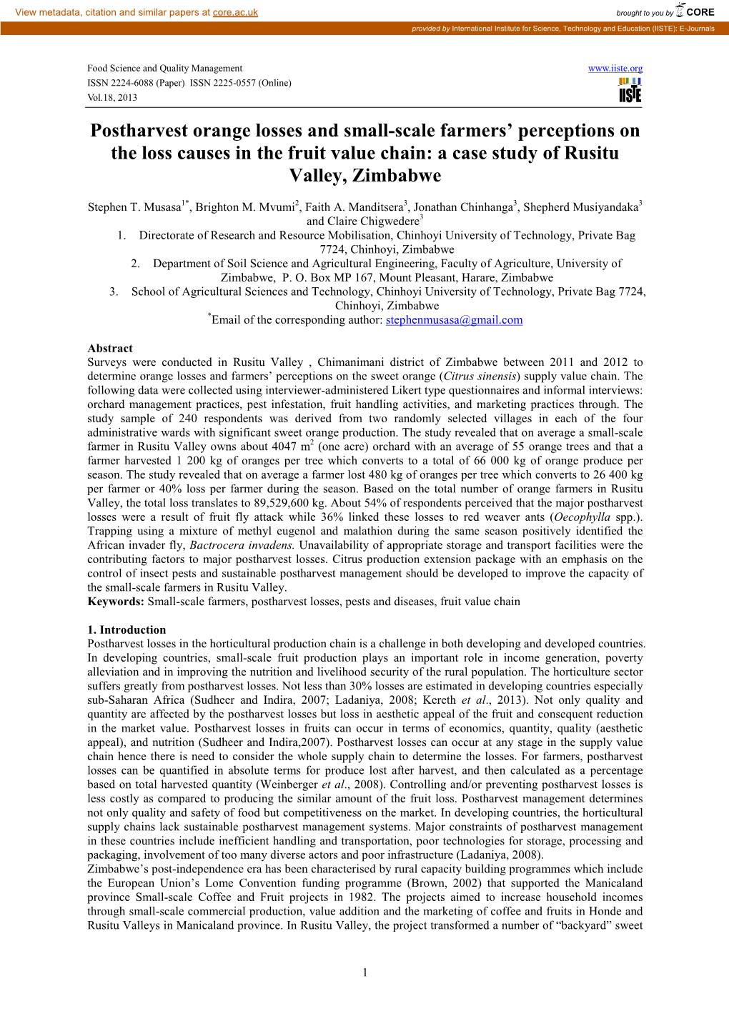 Postharvest Orange Losses and Small-Scale Farmers’ Perceptions on the Loss Causes in the Fruit Value Chain: a Case Study of Rusitu Valley, Zimbabwe