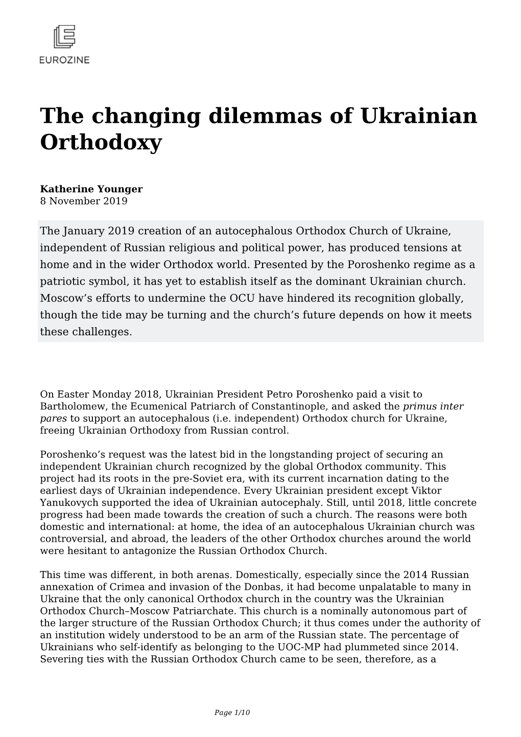 The Changing Dilemmas of Ukrainian Orthodoxy