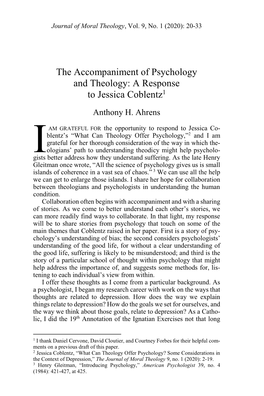 The Accompaniment of Psychology and Theology: a Response to Jessica Coblentz1