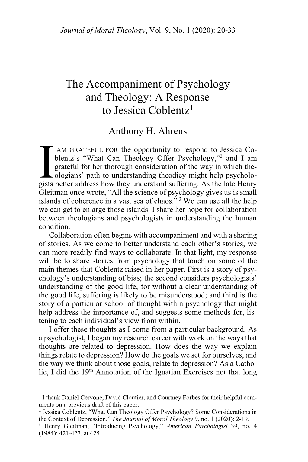 The Accompaniment of Psychology and Theology: a Response to Jessica Coblentz1