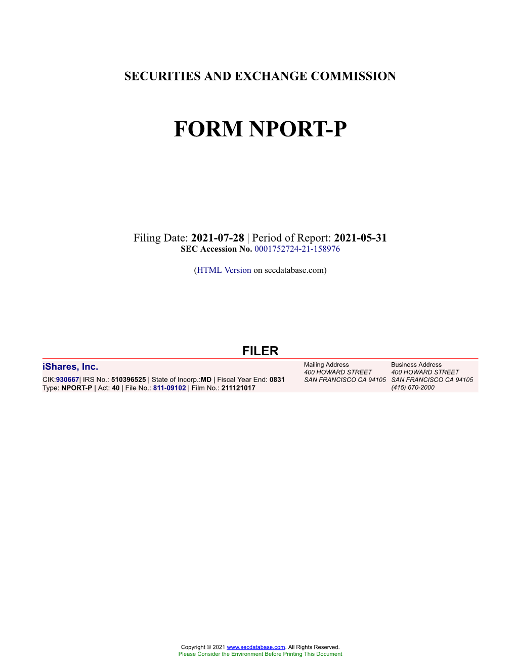 Ishares, Inc. Form NPORT-P Filed 2021-07-28