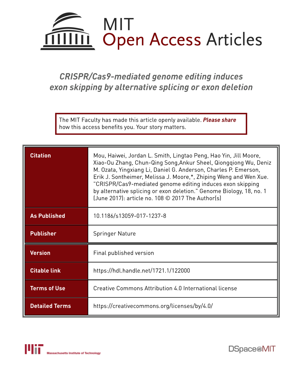 CRISPR/Cas9-Mediated Genome Editing Induces Exon Skipping by Alternative Splicing Or Exon Deletion