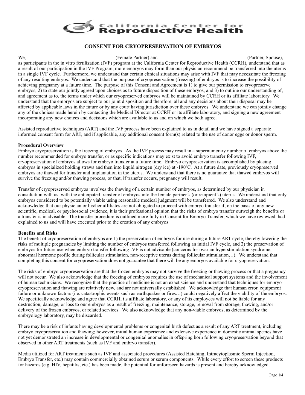 IVF.Cryopreservation of Embryos Consent.2018