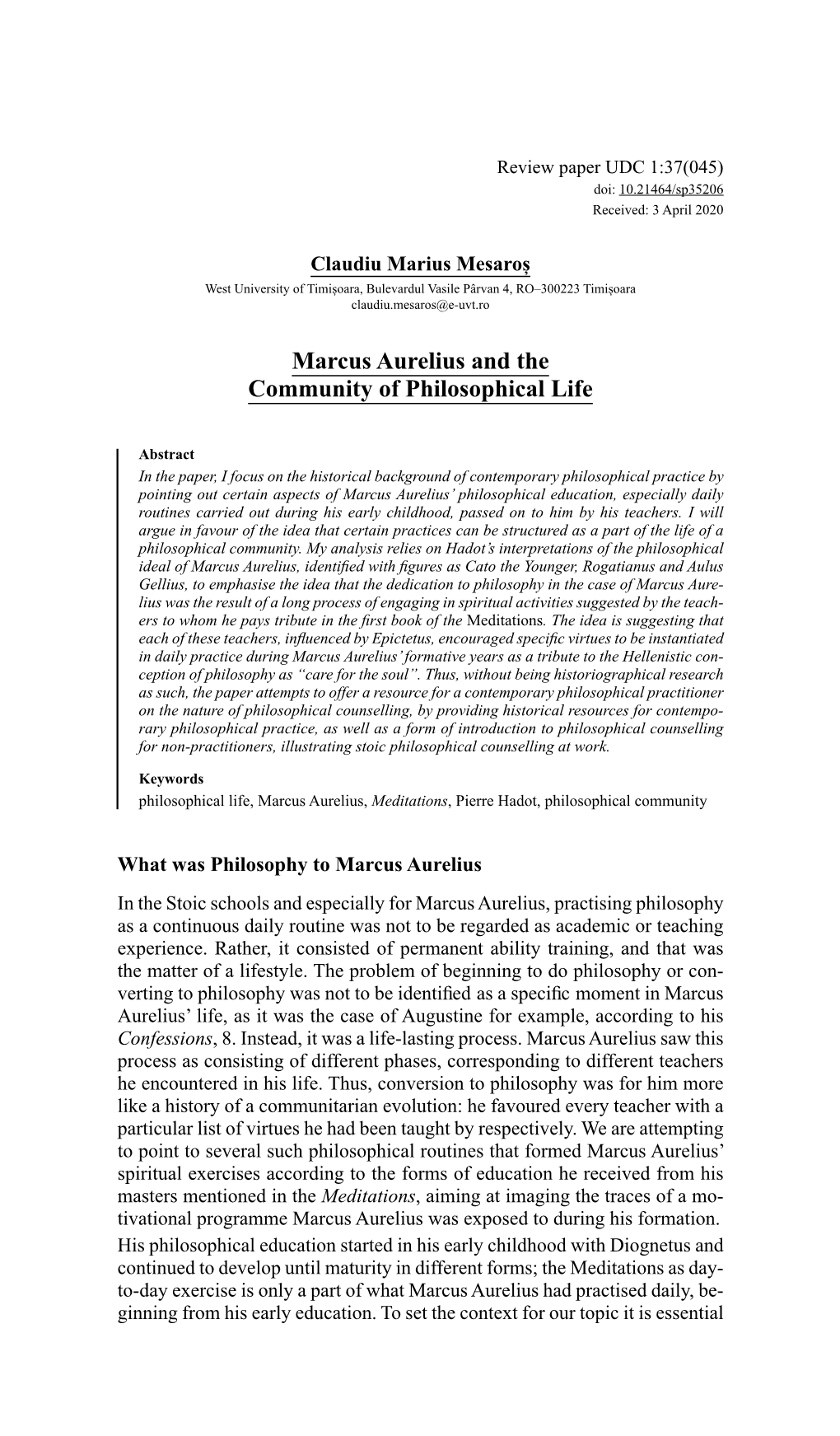 Marcus Aurelius and the Community of Philosophical Life