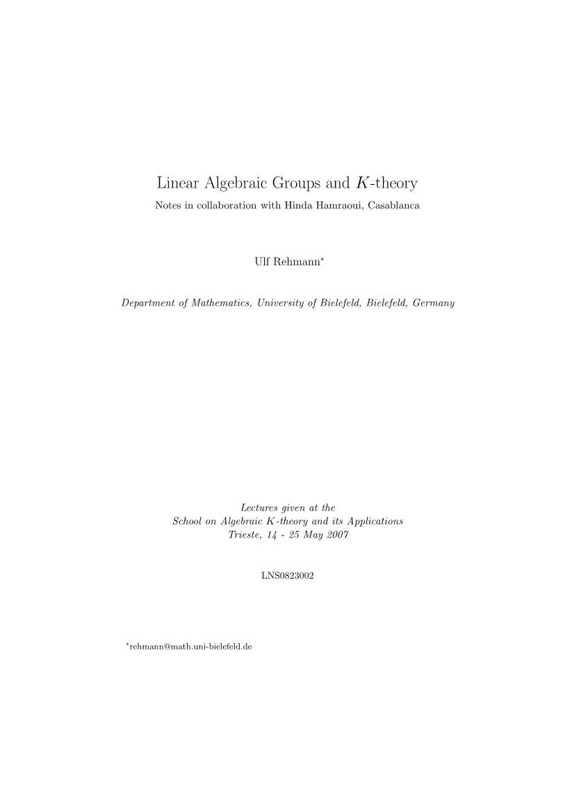Linear Algebraic Groups and K-Theory Notes in Collaboration with Hinda Hamraoui, Casablanca