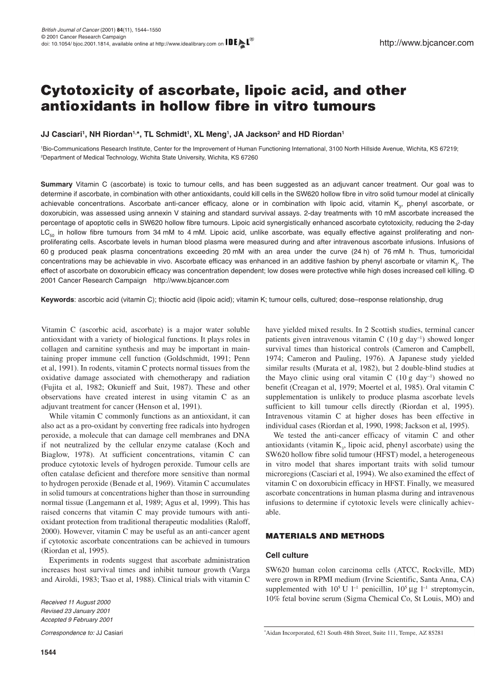 Cytotoxicity of Ascorbate, Lipoic Acid, and Other Antioxidants in Hollow Fibre in Vitro Tumours