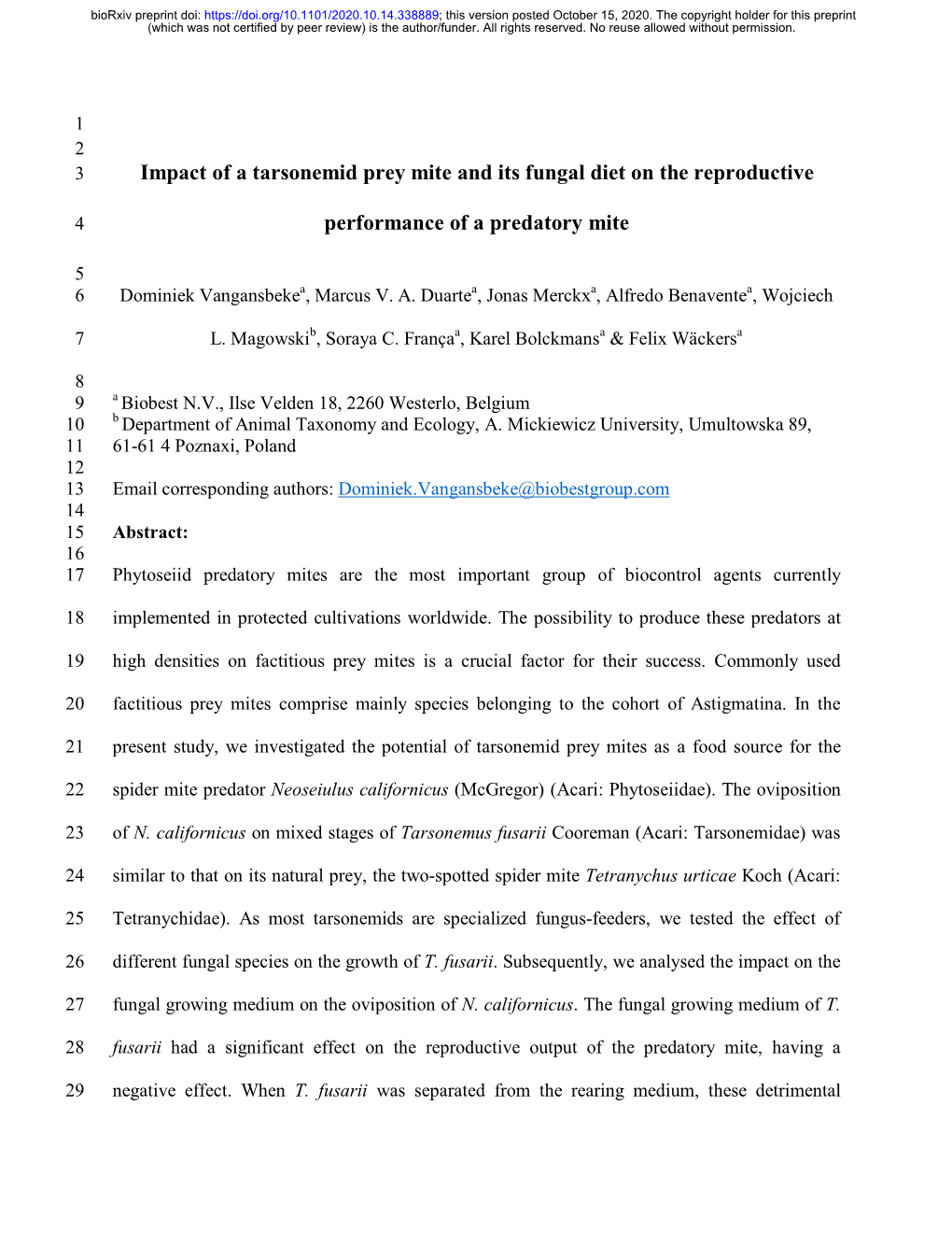 Impact of a Tarsonemid Prey Mite and Its Fungal Diet on the Reproductive