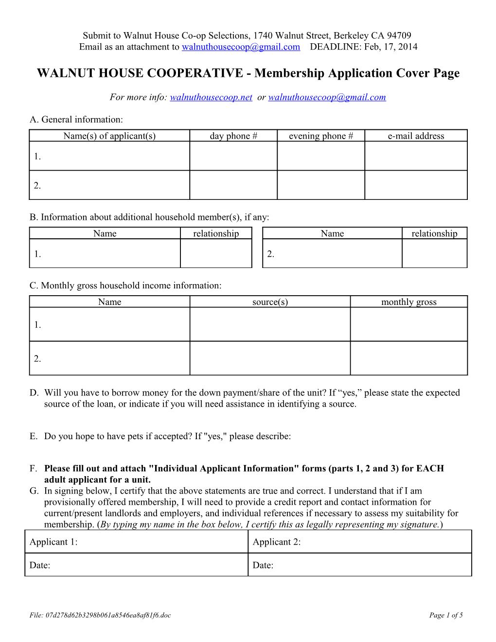 Walnut House Cooperative Membership Application 2011