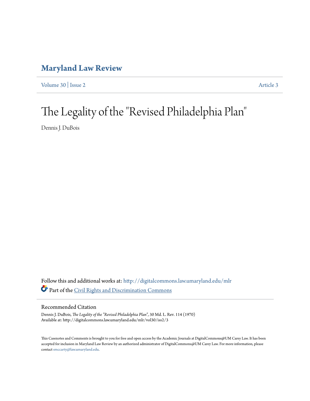The Legality of the "Revised Philadelphia Plan" Dennis J