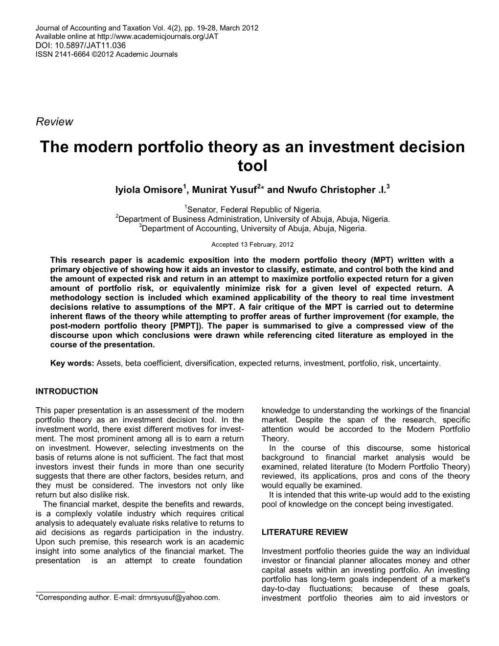 The Modern Portfolio Theory As an Investment Decision Tool