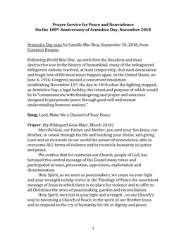 Prayer Service for Peace and Nonviolence on the 100Th Anniversary of Armistice Day, November 2018