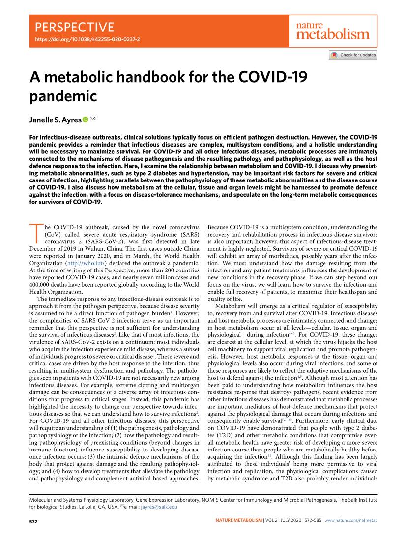 A Metabolic Handbook for the COVID-19 Pandemic