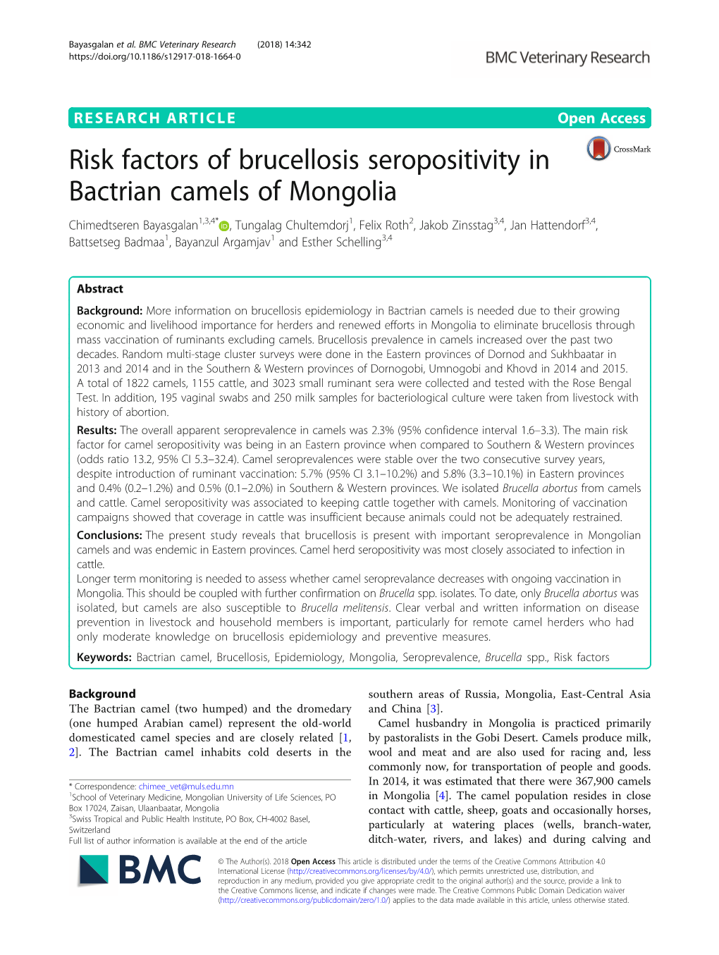 Risk Factors of Brucellosis Seropositivity in Bactrian Camels Of