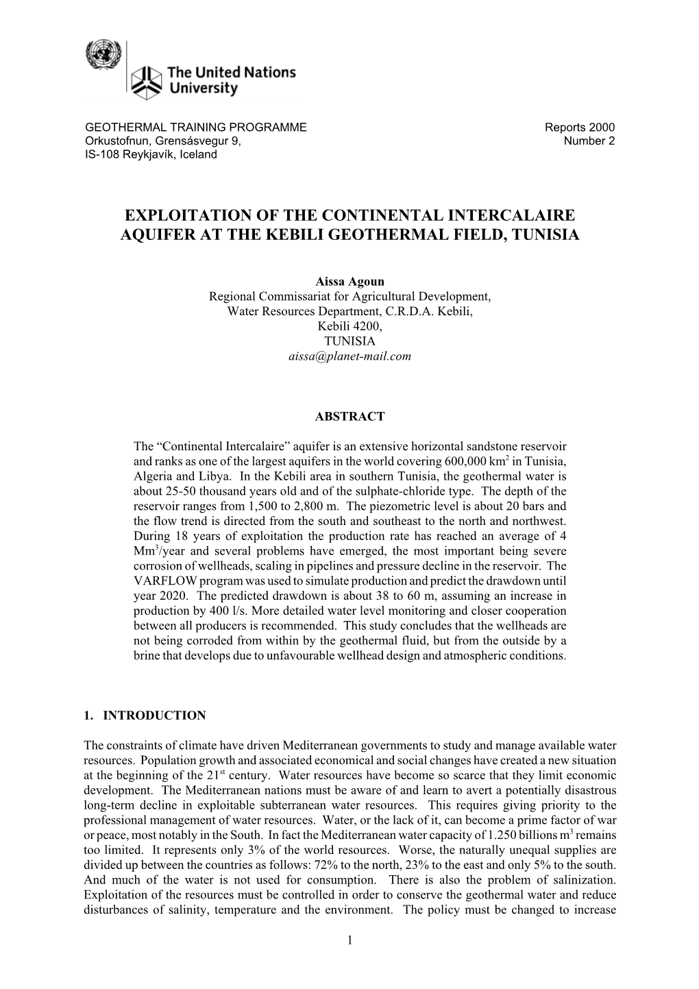 Exploitation of the Continental Intercalaire Aquifer at the Kebili Geothermal Field, Tunisia