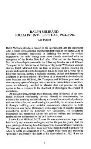 RALPH MILIBAND, SOCIALIST INTELLECTUAL, 1924-1994 Leo Panitch
